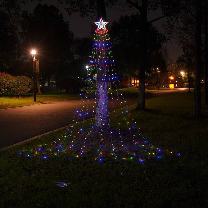 Christmas LED Solar Five pointed Star Waterfall Lights Christmas Decoration Lights Outdoor Star Lights Waterfall Light String_voghion.com