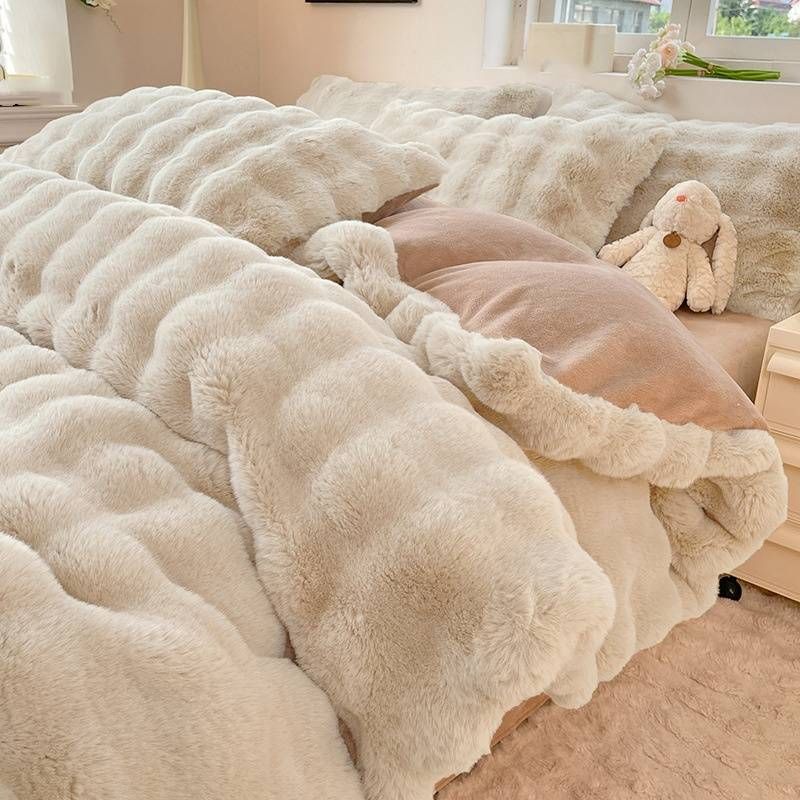 Set de patru piese din blană de iepure de înaltă calitate, iarnă, gros și cald, din fleece coral, pat de iarnă, fleece de lapte, cearșafuri de pat de iarnă_voghion.com