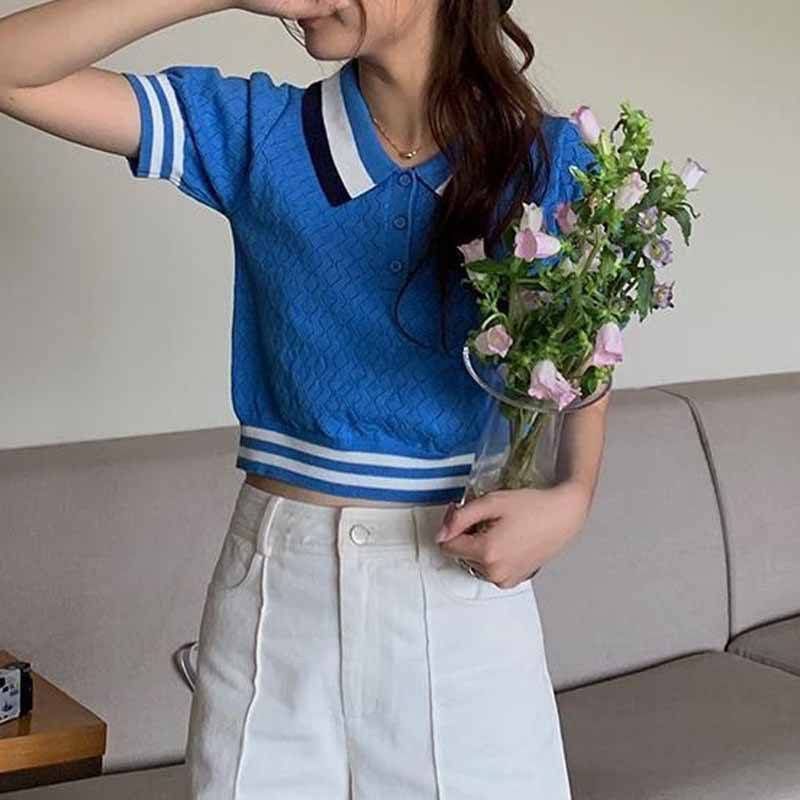Damenbekleidungsversion des Polokragens im College-Stil mit Rautenhohlen, kurzärmeligen Strickpullover-Oberteilen für Damen_voghion.com