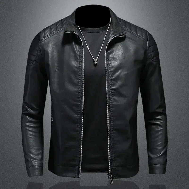 Men Standing Collar Jacke, Leather Motorcycle Jacket Men,bomber Leather Coat,fashion Trend Personalized Leather Winter Clothing_voghion.com