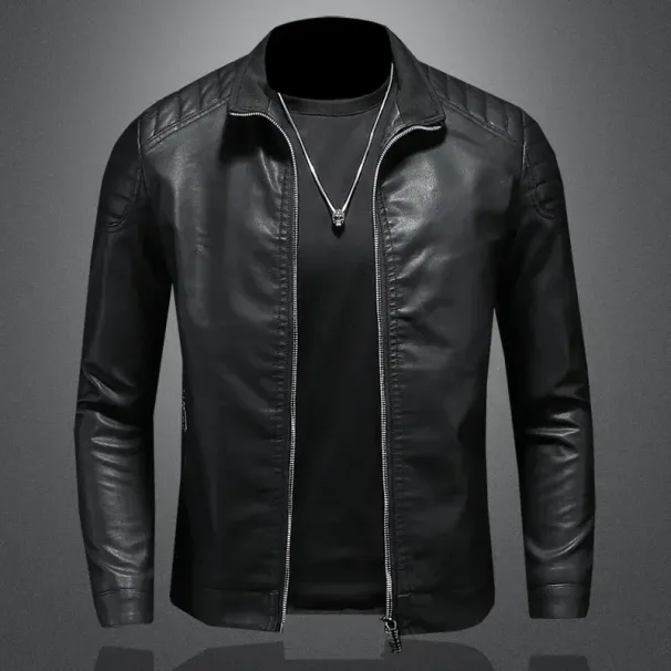 Men Standing Collar Jacke, Leather Motorcycle Jacket Men,bomber Leather Coat,fashion Trend Personalized Leather Winter Clothing_voghion.com