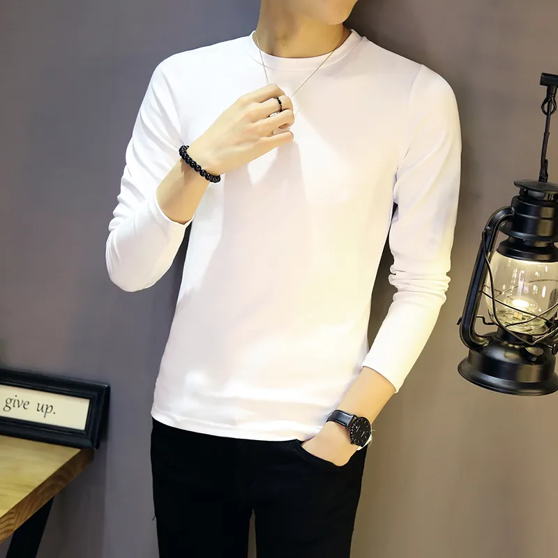 T-shirt à manches longues polyvalent automne, couleur unie coupe ajustée col rond couche intérieure avec base pour homme, t508-p35_voghion.com