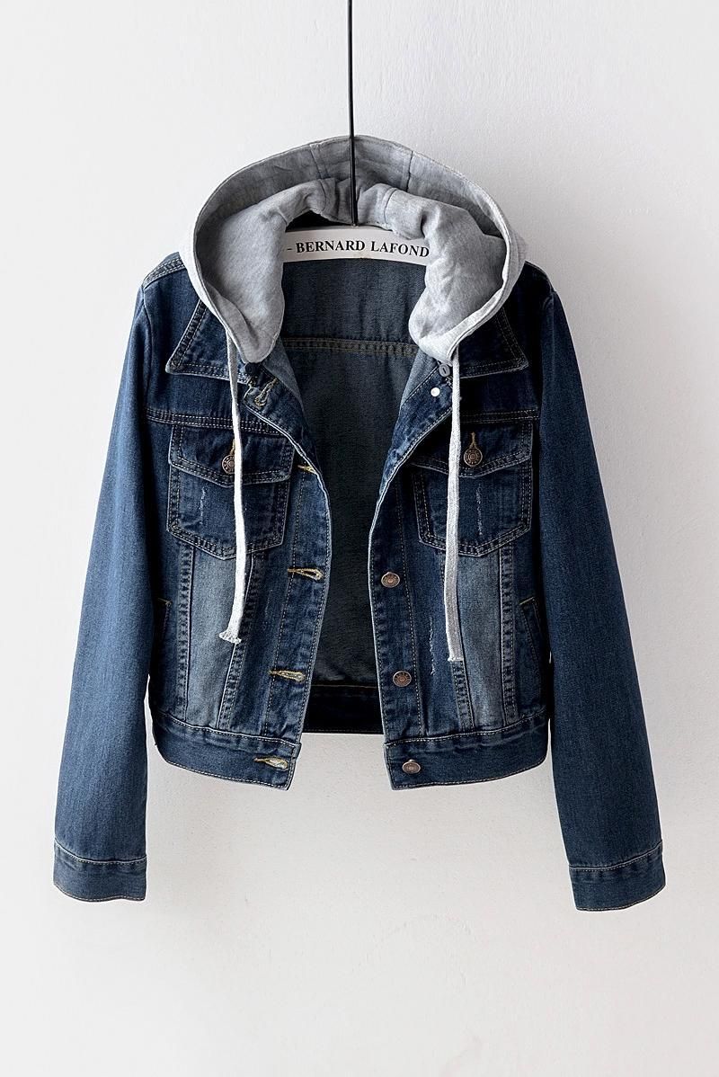Veste en jean rétro Vêtements pour femmes Printemps et automne nouvelle version coréenne à manches longues slim à capuche style court_voghion.com