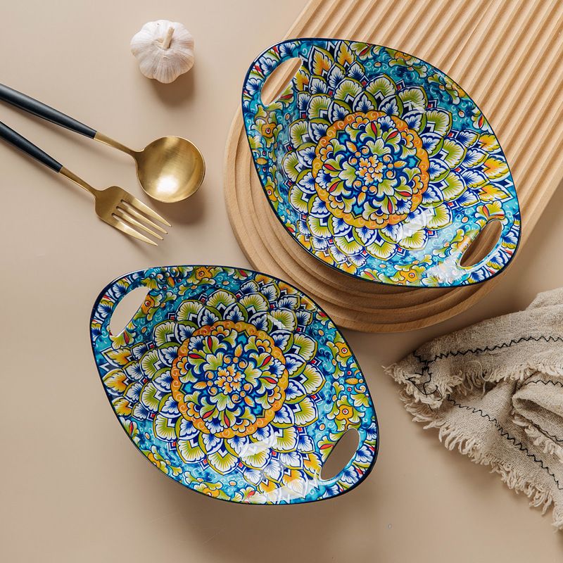 Bohemian Ceramic Bowls - Set Of 2 Handcrafted 8.5-Inch Artisan Bowls For Rice, Soup & Salad - Vintage-Inspired Tableware With Intricate Patterns_voghion.com