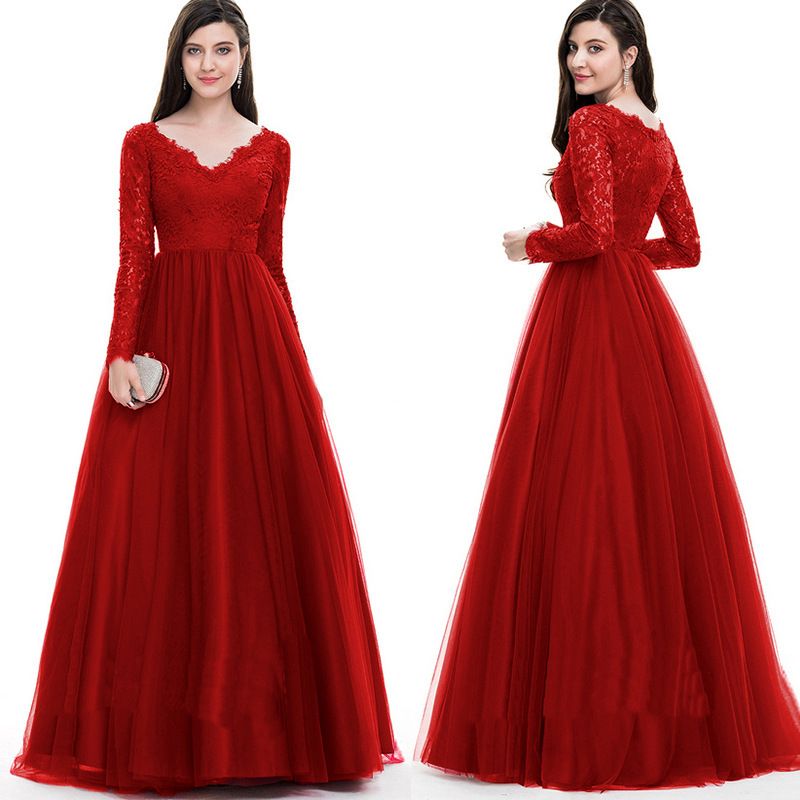 Damen-Mesh-Spitze, langärmelig, Hochzeitskleid, Abendkleid, langes Kleid_voghion.com