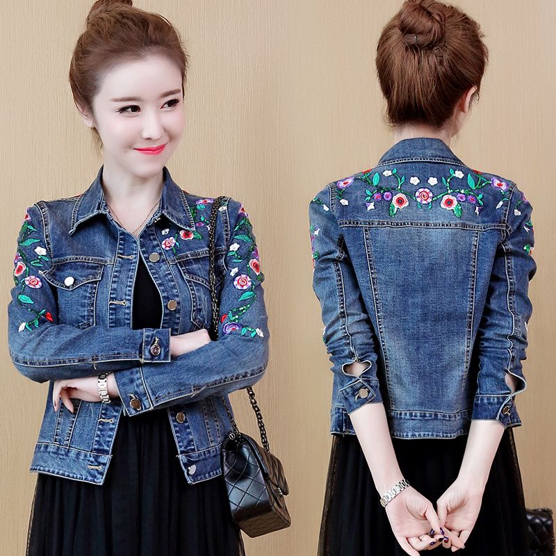 Cappotto da donna con ricamo floreale corto in denim Jack Lady elegante monopetto jeans slim cappotto primavera autunno capispalla basic_voghion.com