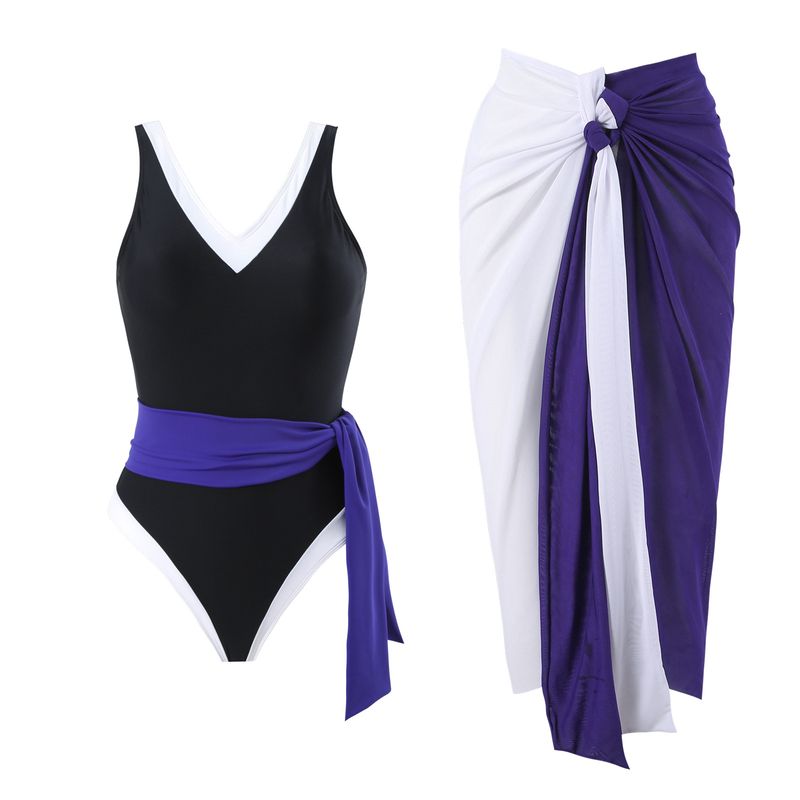 Maillot de bain une pièce pour femme, couleur unie, jupe en maille serrée, costume de bain_voghion.com