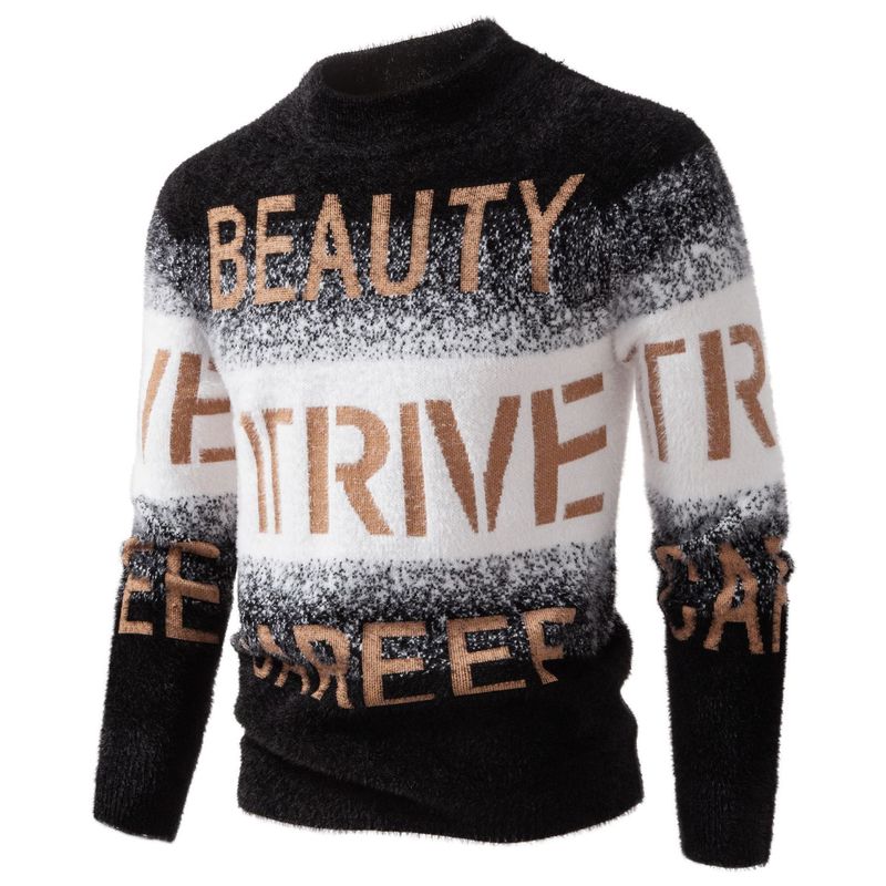 Maglione da uomo slim fit con lettere in jacquard - Maglieria invernale alla moda con texture in finto visone (nero, blu, verde) - Lavabile in lavatrice ed elasticizzato_voghion.com