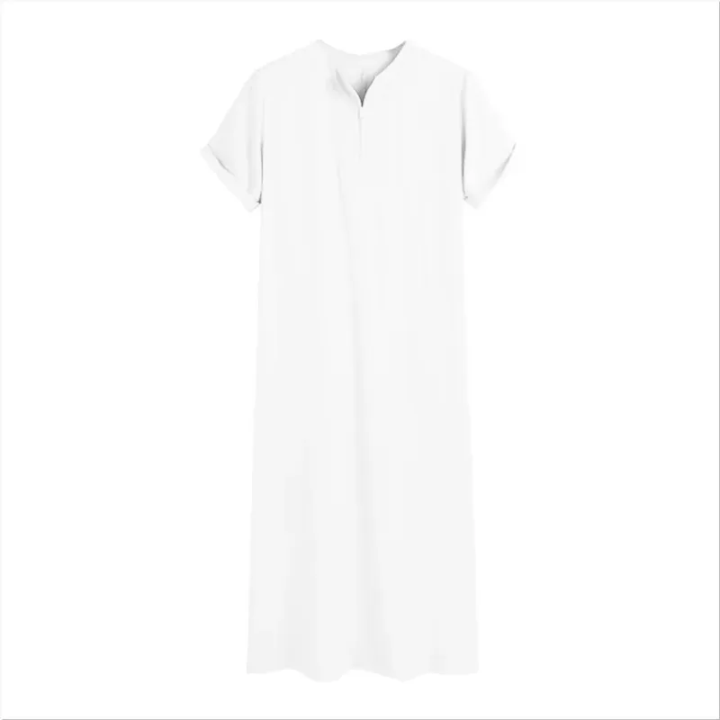 Mode Herren Solide Roben Saudi Stil Reißverschluss Jubba Thobe Mann Abayas Kurzarm O Hals Muslim Arabisch Islamische Kleidung_voghion.com