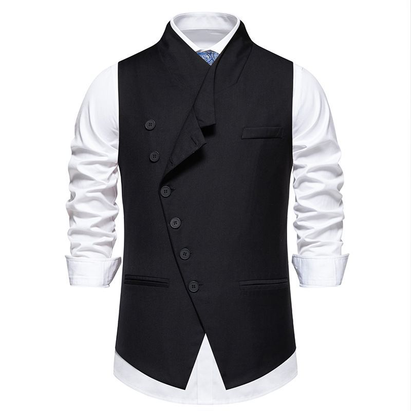 [Unhooded Design] Men's Vest Double Fabric Wedding Party Oblique Placket Single Breasted_voghion.com