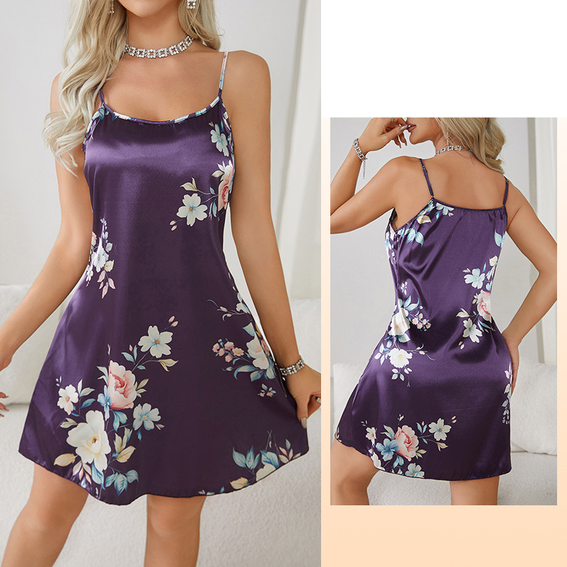 Women's Sleepwears Printing Sexy Lingerie Ice Silk Suspender Nightdress Home Clothes Ladies Pajamas 660_voghion.com