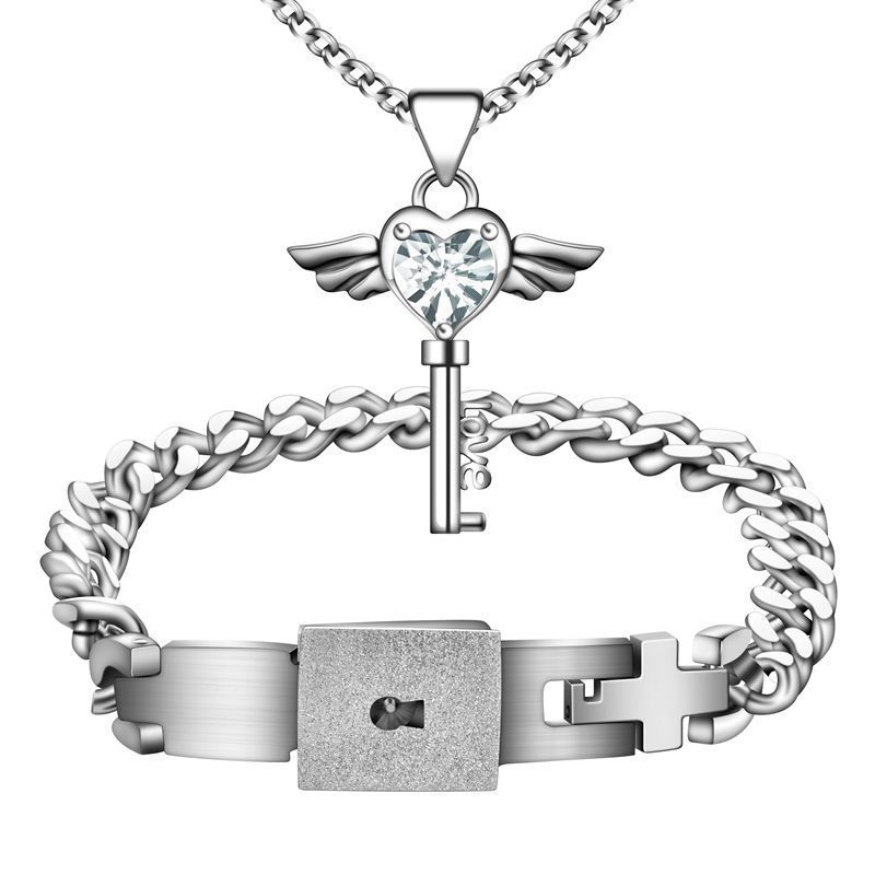 Men And Women's Jewelry Titanium Steel Bracelet Key Necklace Love Lock Bracelet Triumph In The Skies 2 Angels Couple Jewelry Set_voghion.com
