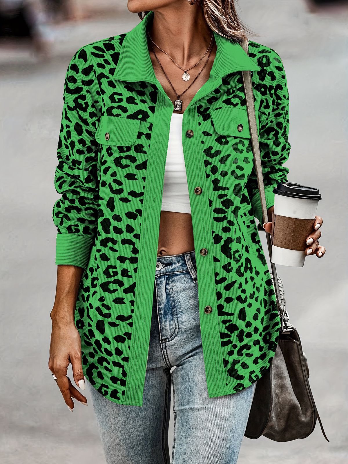 Women's Corduroy Leopard Print Jacket - Oversized Button-Up Long Sleeve Coat With Pockets (Multiple Colors, S-XXXL)_voghion.com