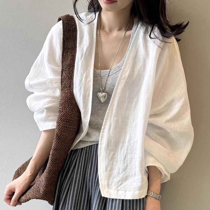 Giacca da donna in lino e cotone vintage, camicetta boho oversize a maniche lunghe, copricostume estivo leggero, top con protezione solare_voghion.com
