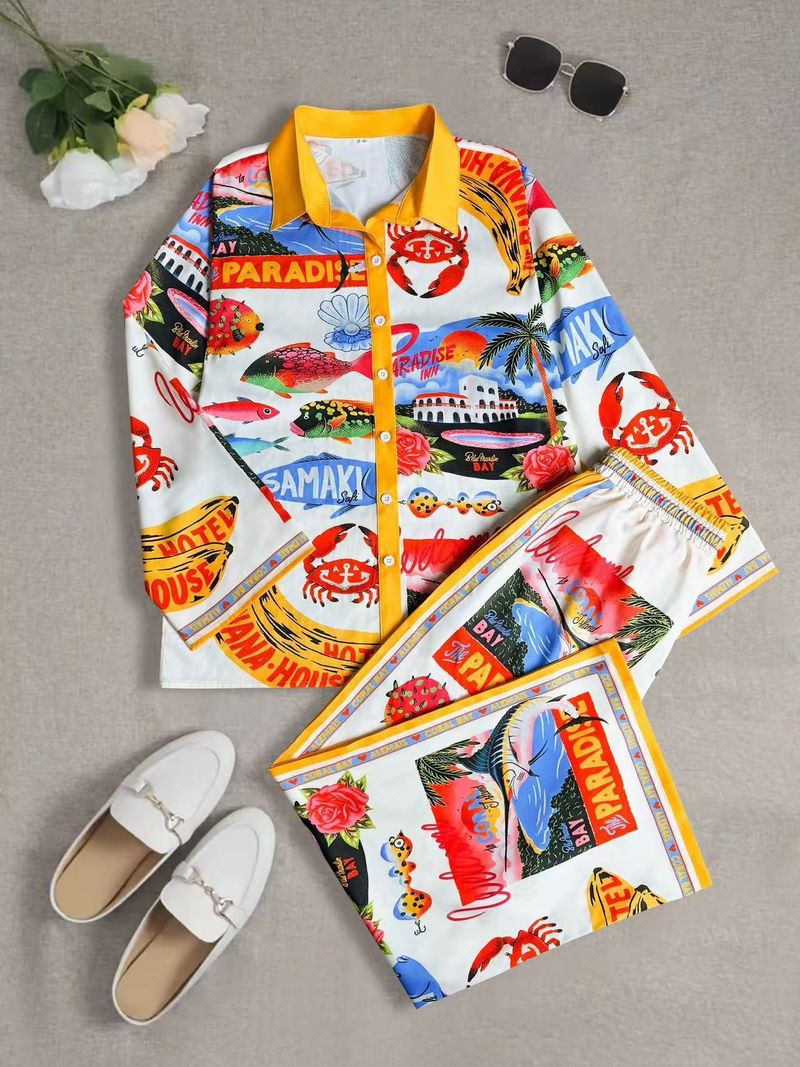 Damenbekleidung Urlaubsstil Kreuzfahrt-Outfit Kreuzfahrt-Outfit Seaside Tropical Print Damenanzug-Hemd-Set_voghion.com