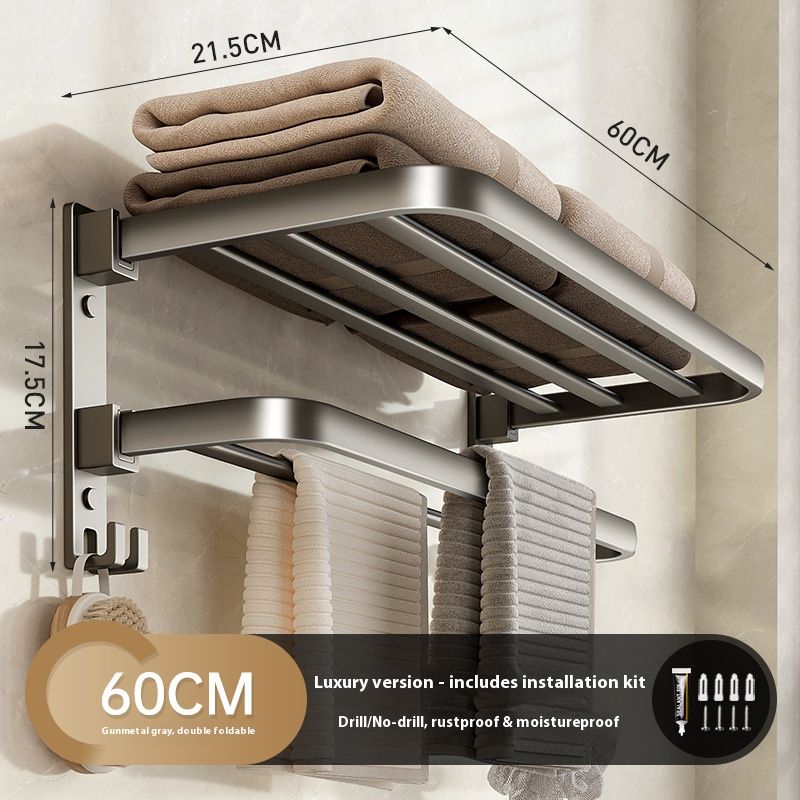 Luxury Foldable Bathroom Set – Gunmetal Grey Aluminum Towel Rack & Shelf Combo (No-Drill Wall Mount, Space-Saving Design)_voghion.com