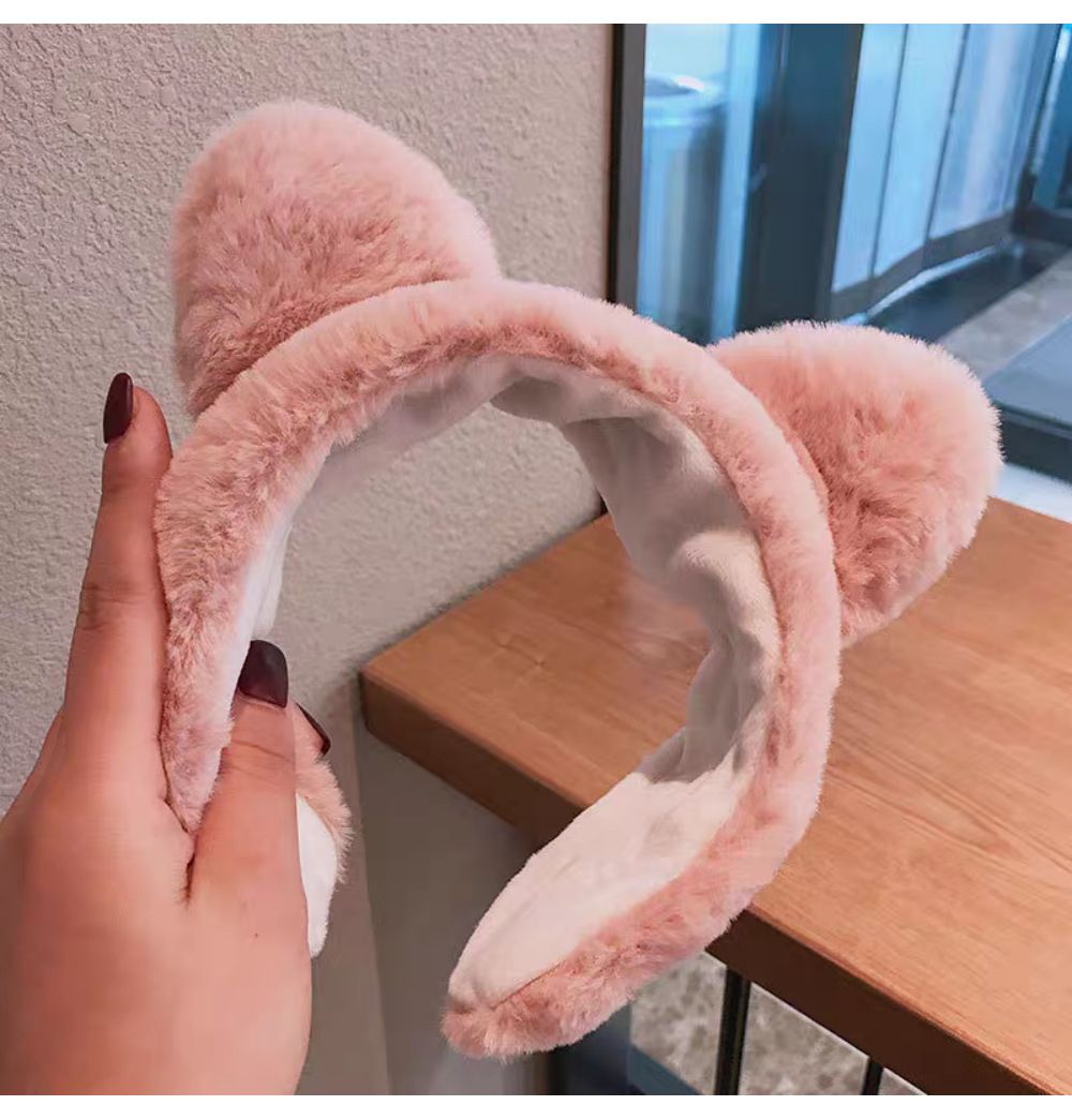 Plüsch-Stirnband mit Katzenohren und breiter Krempe zum Waschen des Gesichts, Make-up-Stirnband im koreanischen Stil für Damen im Herbst und Winter, Haare_voghion.com