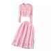 Women's Clothing short round neck puff sleeve lace top high waist wide swing skirt women autumn two piece suit_voghion.com