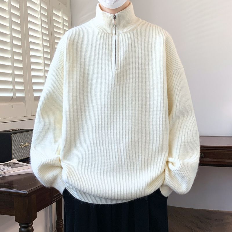 Lockerer, hochgeschlossener Pullover mit halbem Reißverschluss, vielseitiger Retro-Strickpullover für Herren in Unifarben, Strickjacke aus Garn_voghion.com