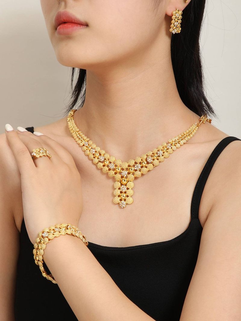 Luxury Dubai Gold Color Crystal Jewelry Set For Women Earring Necklace Bangle Moroccan Bridal Weddings Design Accessory Set_voghion.com