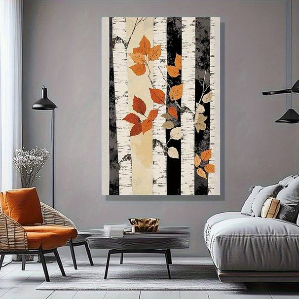 Elegant Autumn Tree Wall Art Canvas Print - Vertical Birch Tree With Orange Leaves & Black-White Stripes,Modern Fall Decor For Living Room, Bedroom_voghion.com