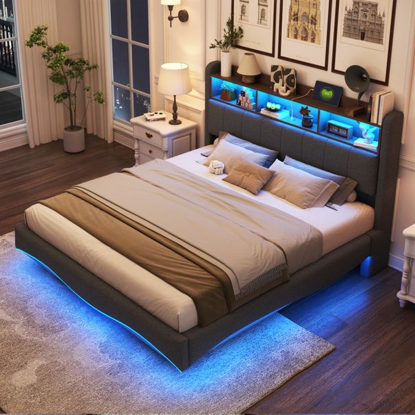 Abgehängtes Design Polsterbett 160*200 Aus Leinenstoff, Multifunktionales Stauraumbett Mit LED-Licht, USB- Und TYPE-C-Schnittstelle Grau_voghion.com