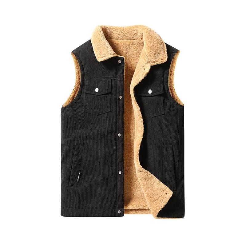 Men's Corduroy Vest With Fleece Lining, Retro Workwear Style, Casual Jacket For Big & Tall Sizes (Black, Army Green, Beige, Caramel)_voghion.com