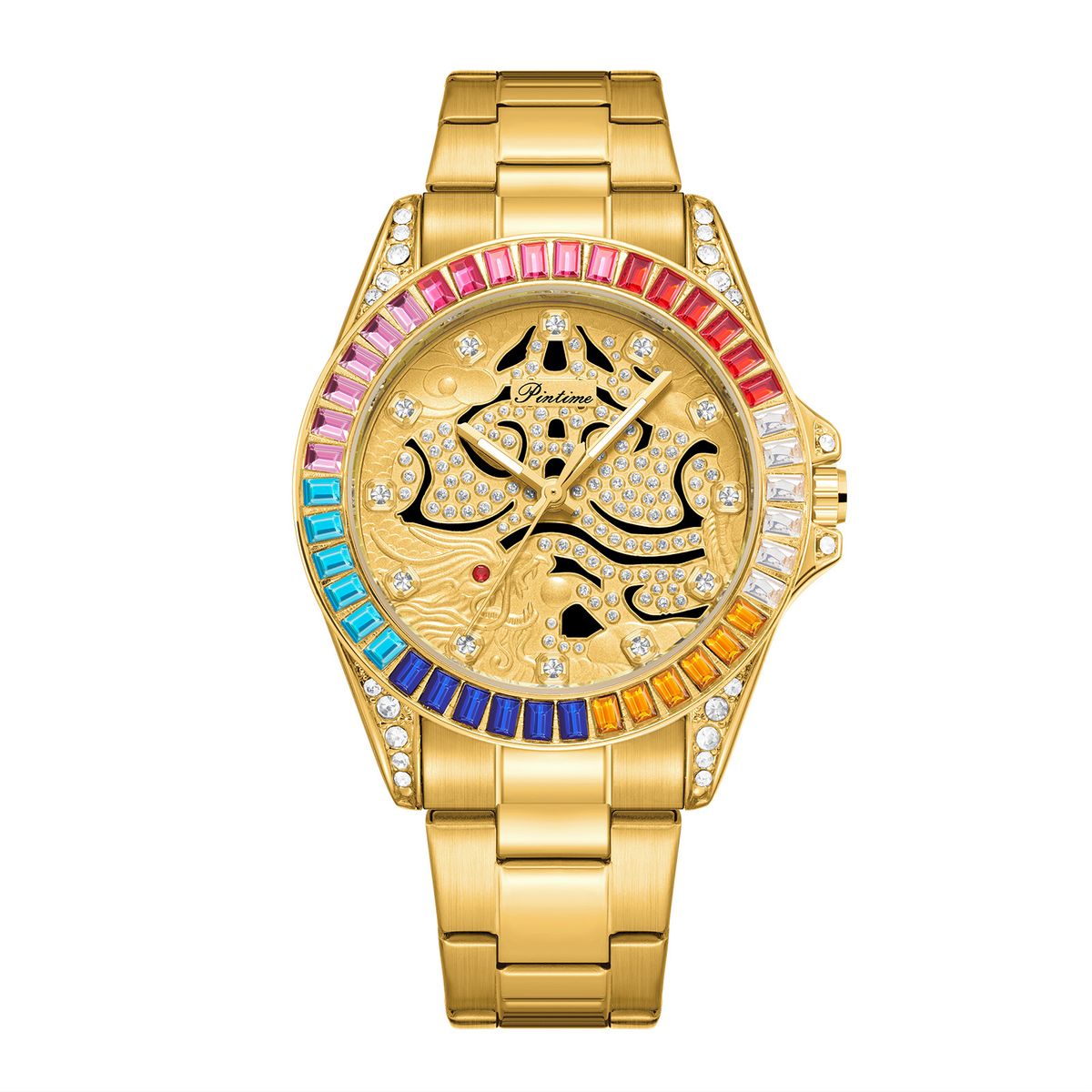 New Fashionable Colored Dragon Full Inlaid Diamond Dial for Men's Business, Non Mechanical Transparent Luminous_voghion.com