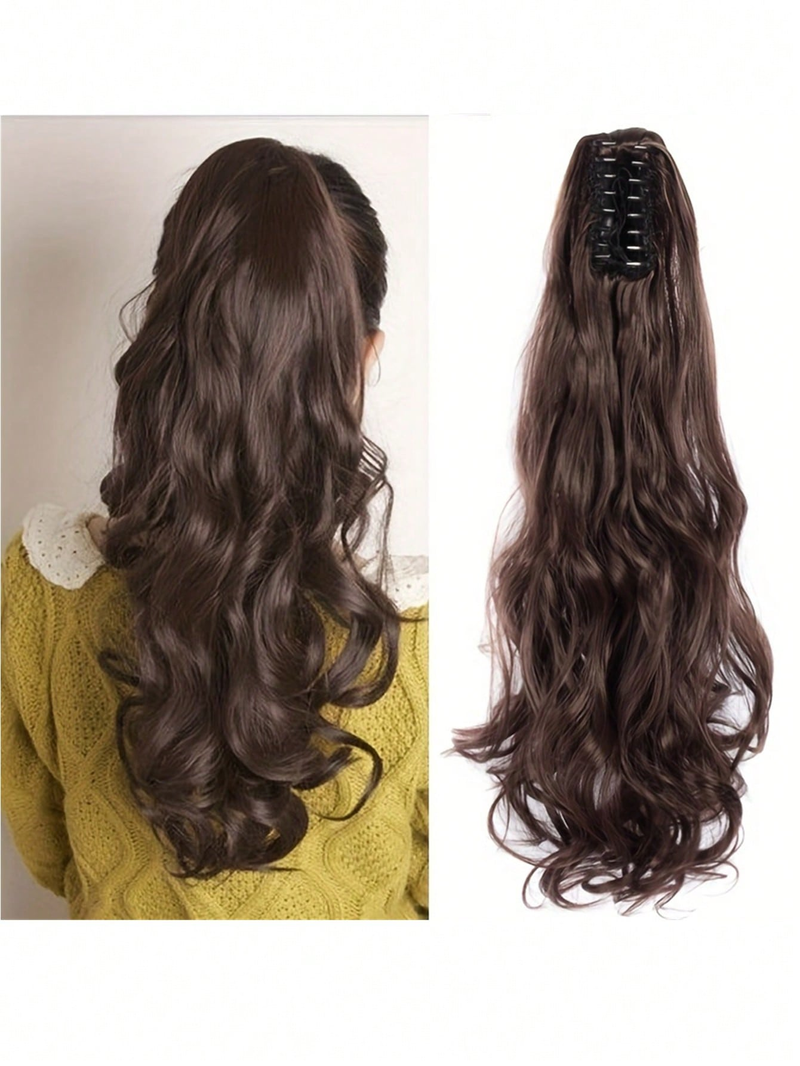 22 tommer lange krøllede, bølgede syntetiske extensions, falsk hår, klo-klip på, brun farve, højtemperaturfiber, hestehale_voghion.com