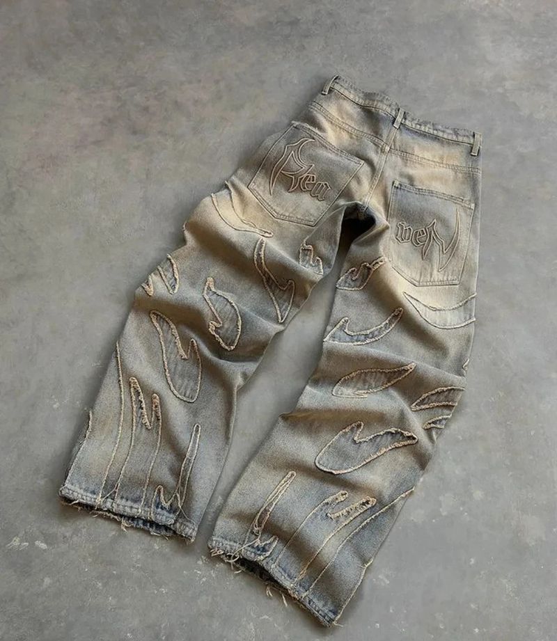 Abbigliamento maschile Jeans a gamba larga con cuciture a fiamma retrò Y2k Hip Hop Punk Jeans con ricamo a bordo grezzo_voghion.com