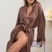 Satin Lace Trim Kimono Robe For Women - Sexy V-Neck Loungewear With Belt & Thigh Slit - Lightweight Polyester Sleepwear For Bedroom & Spa_voghion.com