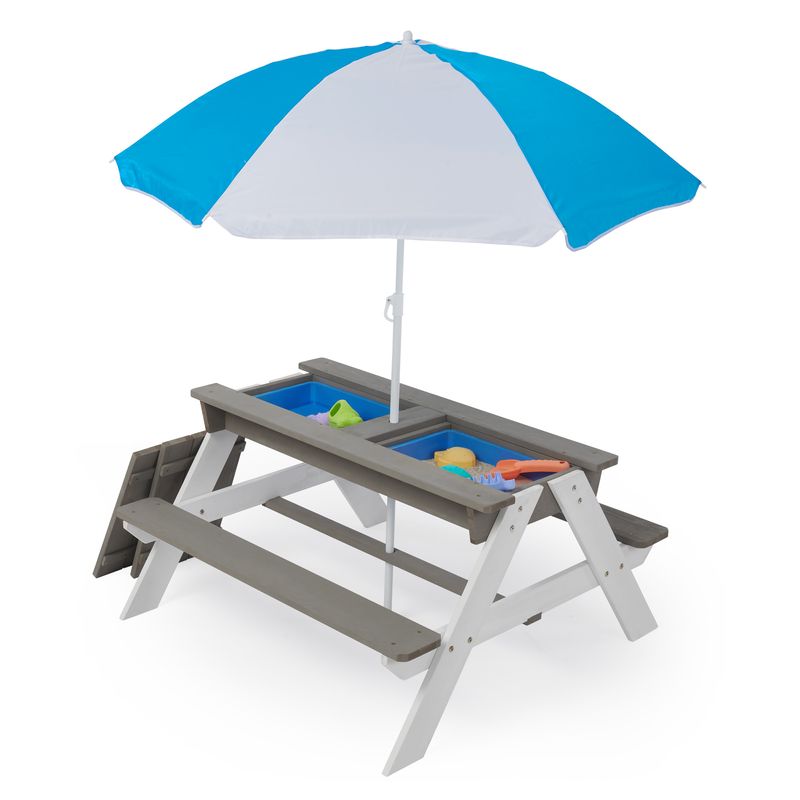 3-in-1 Kids Outdoor Wooden Picnic Table With Umbrella, Convertible Sand & Wate, Gray ASTM & CPSIA CERTIFICATION_voghion.com