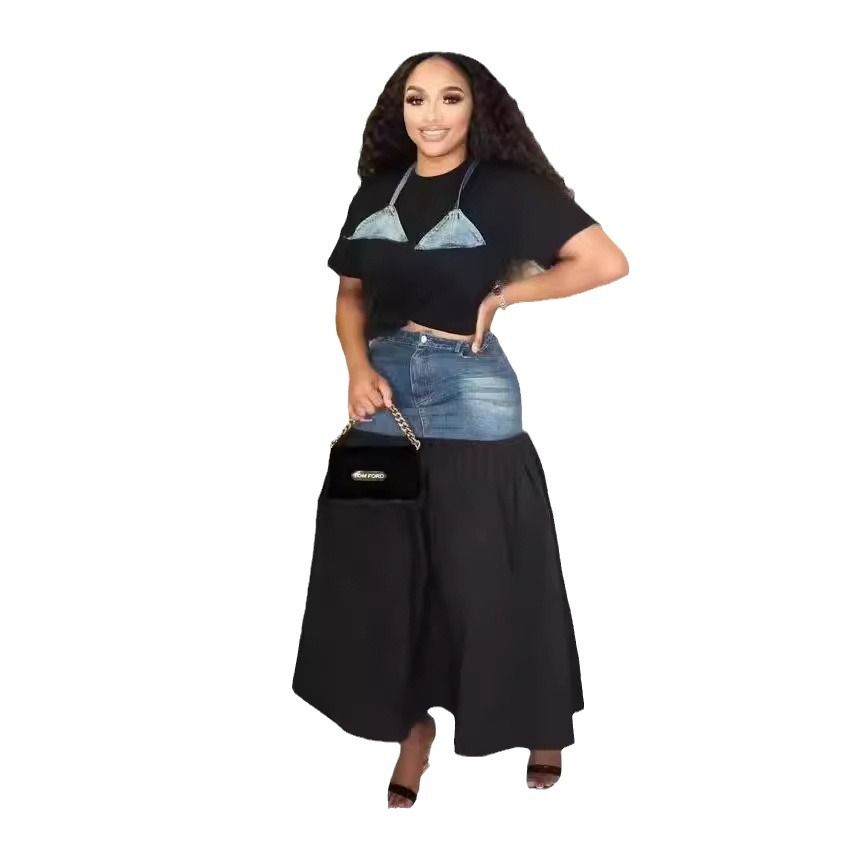 Completo due pezzi in denim con gonna e cuciture a contrasto, per abbigliamento da donna_voghion.com