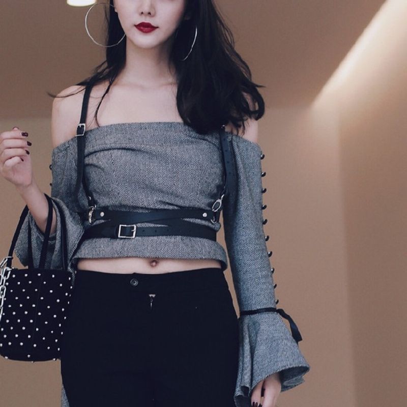 Yang Mi Style Punk Street Dance Rock Performance PU Leather Strap Sexy Trendy Waist Cincher Belt_voghion.com