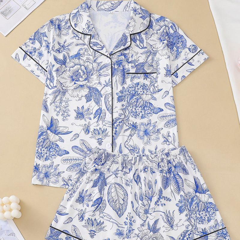Dameskleding Pyjamaset Vier Seizoenen Bloemenprint Korte Mouwen Shorts Thuisset_voghion.com
