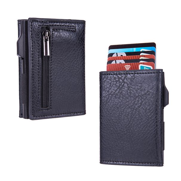 RFID Blocking Side-Push Card Wallet – Vintage PU Leather Slim Card Holder With Zippered Coin Pocket For Men & Women_voghion.com