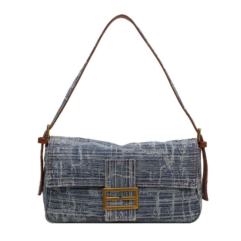 Retro Washed Denim Baguette Bag 2023 New Niche Design Simple Commuting Underarm Bag Female Casual Messenger Bag_voghion.com