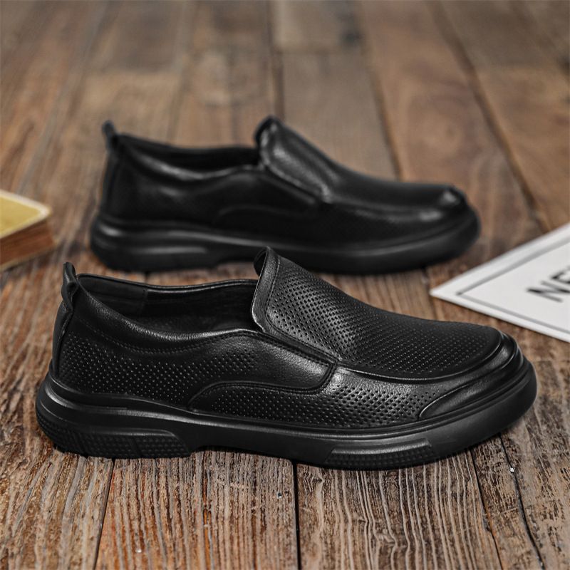 Sommer Business Casual Work Hollow Atmungsaktiv Perforiert Weiches Echtleder Ganz Schwarz Reines Rindsleder Herrenschuhe_voghion.com