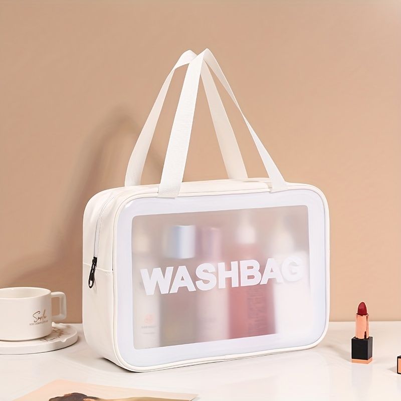 Frosted Texture Waterproof Makeup Storage Bag, Zipper PU Leather Large Capacity Cosmetic Bag, Clear Portable Double Handle Toiletry Bag_voghion.com