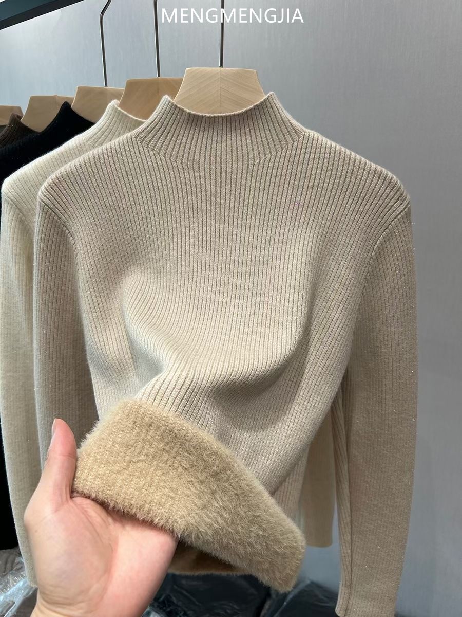 Women's Fleece-Lined Knit Sweater Long Sleeve Semi-Turtleneck Thermal Base Layer Slim Fit Pure Color Winter Top_voghion.com