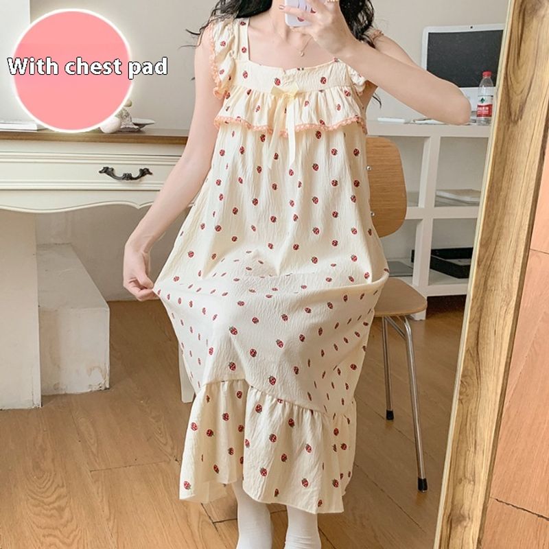 Pajamas for women in summer, cloud cotton, sweet ins style suspender with chest cushion, loose mid length nightgown,_voghion.com