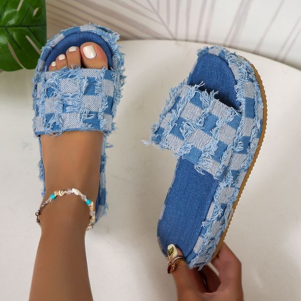 Women's platform with fur and color blocking denim slippers, lazy women's slippers_voghion.com