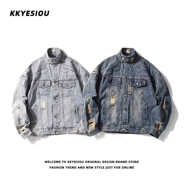 Pulse Pulse Men's Denim Loose Fit High-End Stylish Hip-Hop High Street Spring Autumn Ripped Jacket_voghion.com