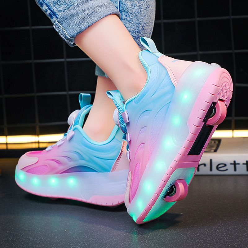 Zapatos para niños con ruedas dobles y luces intermitentes retráctiles, patines para niñas con hebilla giratoria, patines deportivos para estudiantes_voghion.com