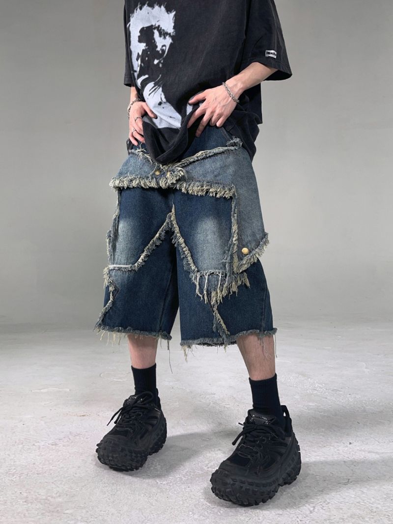 Men's Clothing Retro Y2k Street Trend Hip Hop Star Patch Loose Casual Raw Edge Denim Shorts_voghion.com