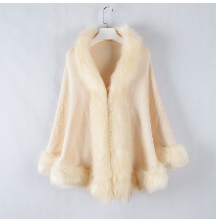 Luxury Knitted Cape Shawl With Faux Fox Fur Collar - Elegant Women's Outerwear For Winter & Spring_voghion.com