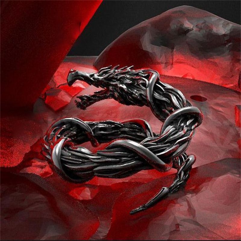 Nuovo squisito anello aperto regolabile con drago nero avvolto per uomo, accessorio di personalità in stile gotico punk_voghion.com