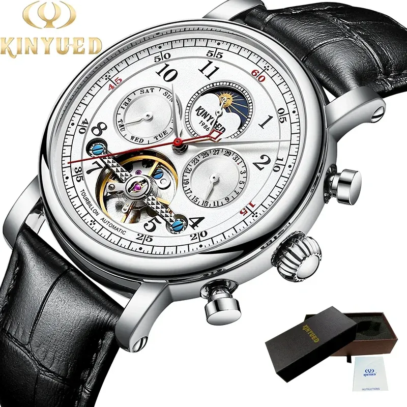 KINYUED Orologi da uomo di lusso, orologio meccanico automatico con fasi lunari, design cavo, cinturino in pelle, orologio da polso da uomo_voghion.com