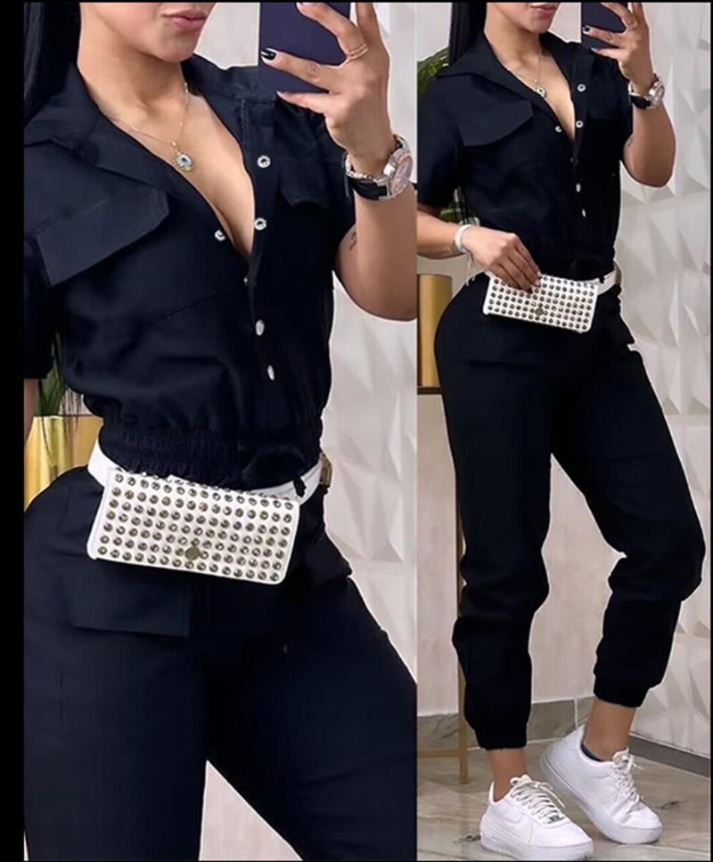Damenbekleidung Kurzarm Einreihig Taschendekoration Einfarbig Büro Jumpsuit Damen_voghion.com