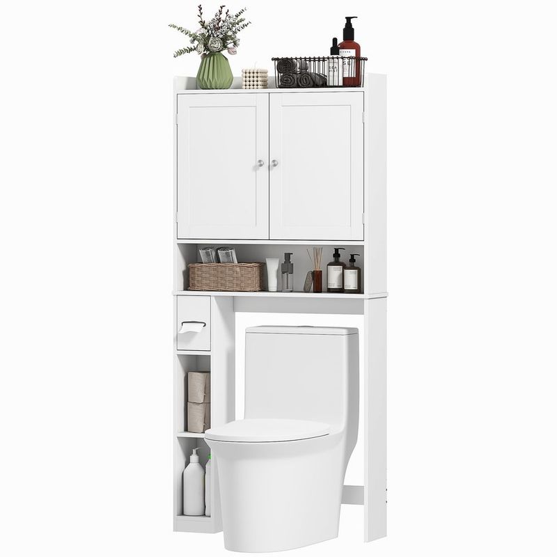 HOMCOM Modern Over The Toilet Storage Cabinet With 2 Doors, Above Commode Storage Cabinet With Toilet Paper Holder, White_voghion.com